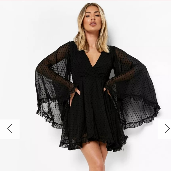 Boohoo Dresses Dobby Chiffon Wide Sleeve Black Skater Dress Poshmark